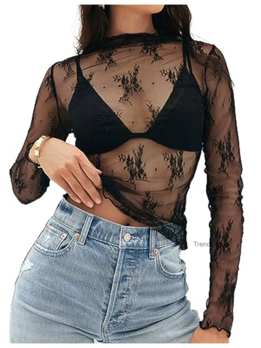 Mesh Sheer Lace Long Sleeve Mock Neck Blouse Top